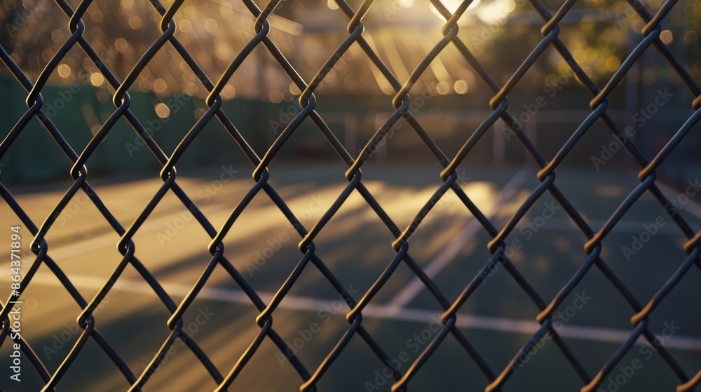 Sunset view of fenced tennis court, blurred background, sports and recreation concept Sunset view of fenced tennis court, blurred background, sports and recreation concept