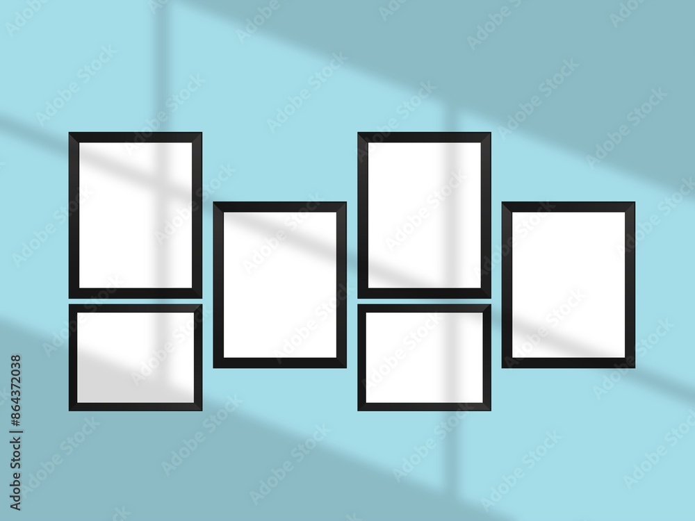 Minimal picture poster frame mockup on the wall with window shadow and leaves Minimal picture poster frame mockup on the wall with window shadow and leaves