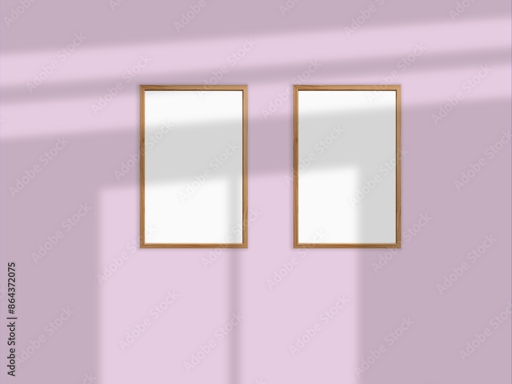 Minimal picture poster frame mockup on the wall with window shadow and leaves Minimal picture poster frame mockup on the wall with window shadow and leaves