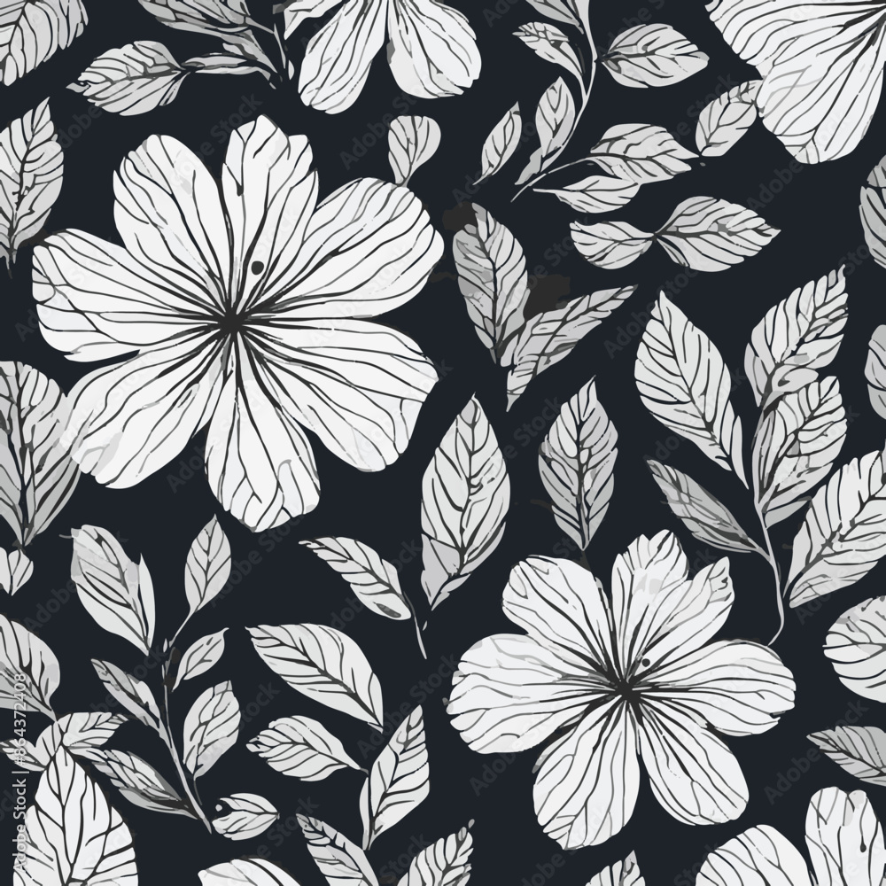 Obraz premium Seamless floral pattern with black and white hand drawn flower and leaf