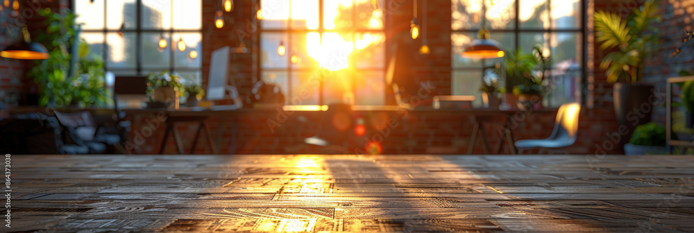 Modern Industrial Office Space with Sunset Glow through Large Windows and Wooden Floor Modern Industrial Office Space with Sunset Glow through Large Windows and Wooden Floor