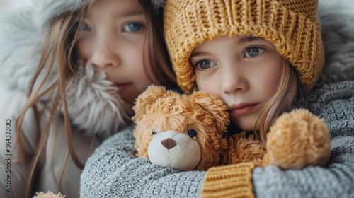 Two children in winter clothing, sharing a teddy bear, depict warmth and companionship as they stay close, captured in a cozy indoor setting full of love. © Lens Legacy