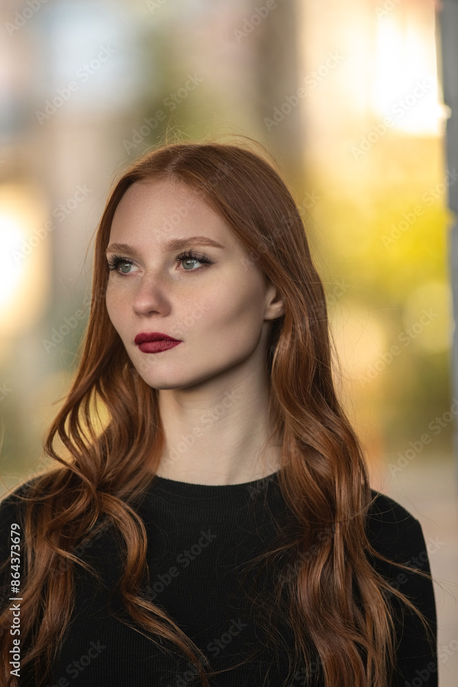 Portrait of a young beautiful red-haired girl in dark clothes outdoors. Portrait of a young beautiful red-haired girl in dark clothes outdoors.