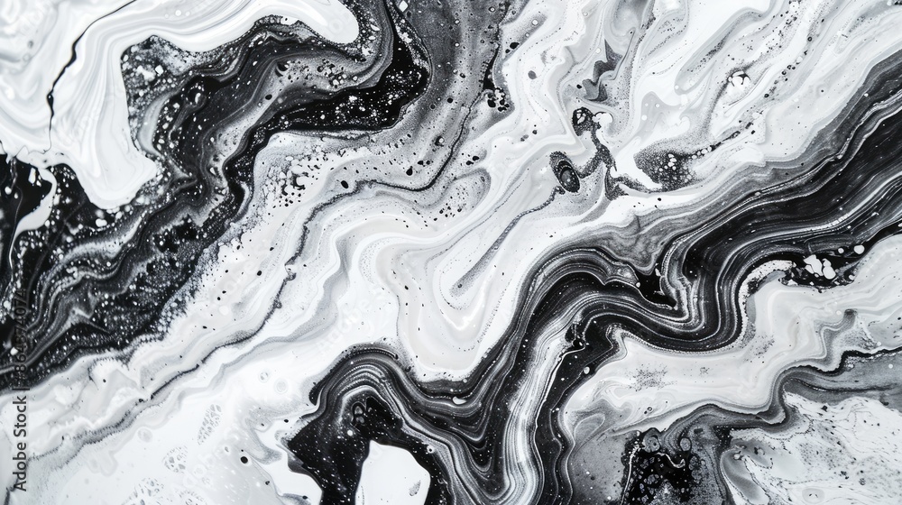 Fototapeta premium Drawing on water marbling surface Rough Marble ebru suminagashi Swirled abstract design organic wavy black white and gray backdrop Heavily textured paper Ornamental rock indoor motif