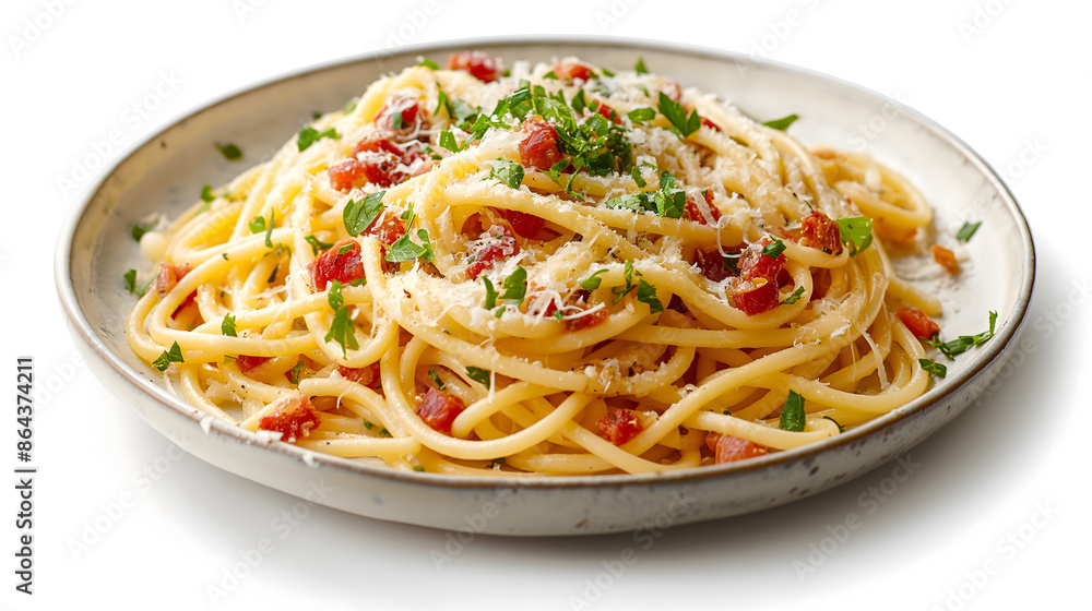 plate of spaghetti carbonara with parmesan and parsley on a white background plate of spaghetti carbonara with parmesan and parsley on a white background