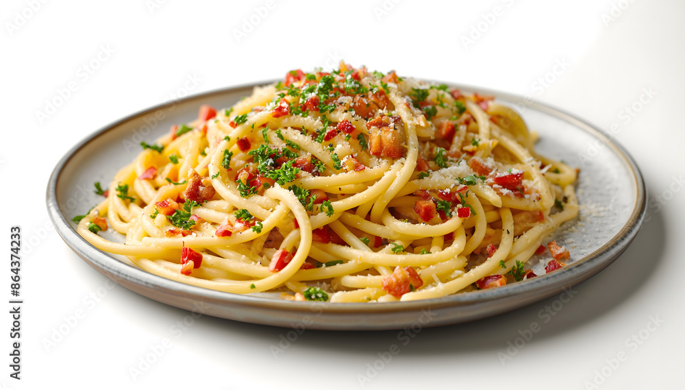 plate of spaghetti carbonara with parmesan and parsley on a white background plate of spaghetti carbonara with parmesan and parsley on a white background