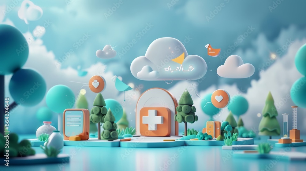 An innovative 3D concept of a cloud-based wellness platform, featuring personalized healthcare plans and virtual consultations with medical professionals. An innovative 3D concept of a cloud-based wellness platform, featuring personalized healthcare plans and virtual consultations with medical professionals.