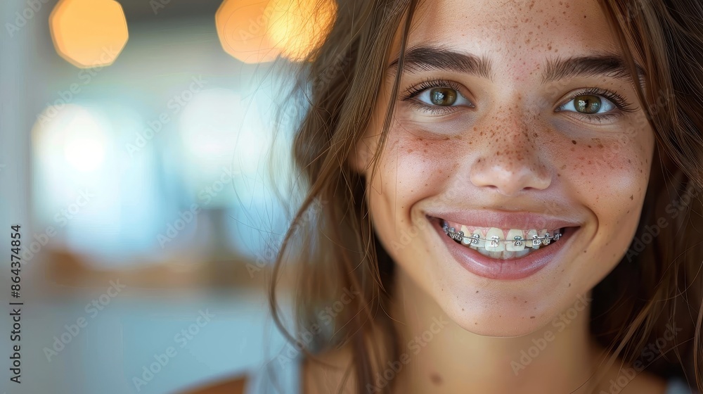 A charming close-up of a freckled girl with long brown hair, smiling brightly with her braces, capturing a moment of pure joy and natural beauty in a bright environment. A charming close-up of a freckled girl with long brown hair, smiling brightly with her braces, capturing a moment of pure joy and natural beauty in a bright environment.