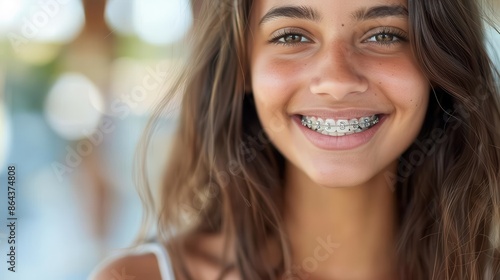 A young girl with braces flashing a radiant smile, reflecting innocence, youth, and the simple joys of growing up, with her face brightly lit in natural light.