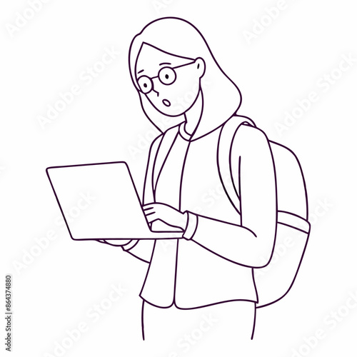 continuous line drawing of a surprised girl student with a backpack, wearing glasses, and using a laptop (38)