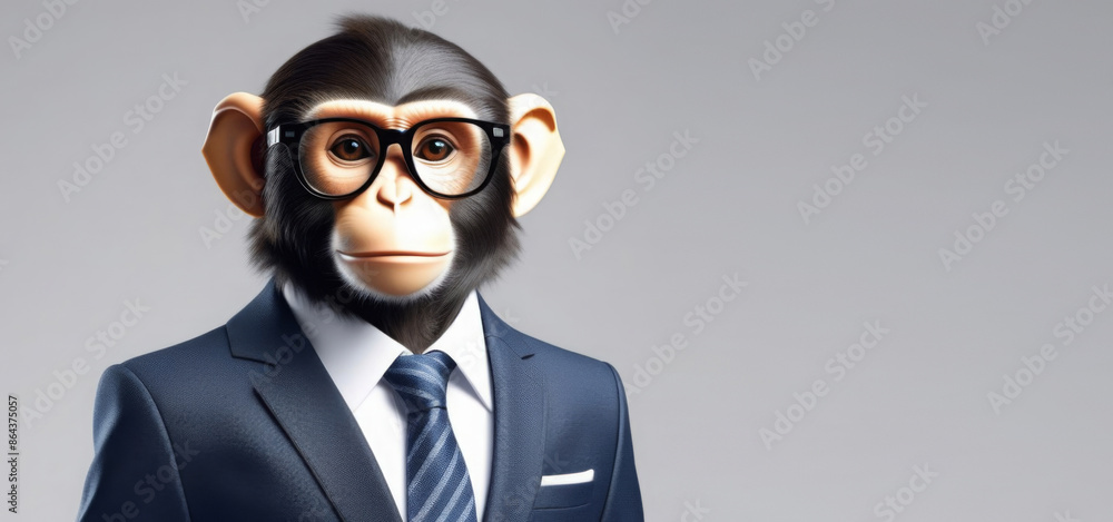 Stylish realistic portrait of a monkey in business stylish blue suit with dark blue tie and glasses with black frames, 3D rendering, monochrome gray background. Creative concept for advertising banner Stylish realistic portrait of a monkey in business stylish blue suit with dark blue tie and glasses with black frames, 3D rendering, monochrome gray background. Creative concept for advertising banner
