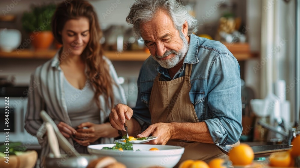 An elderly man in a denim shirt and apron, cooking and smiling, while a young woman happily looks on in a cozy kitchen filled with fresh ingredients and warm lighting. An elderly man in a denim shirt and apron, cooking and smiling, while a young woman happily looks on in a cozy kitchen filled with fresh ingredients and warm lighting.
