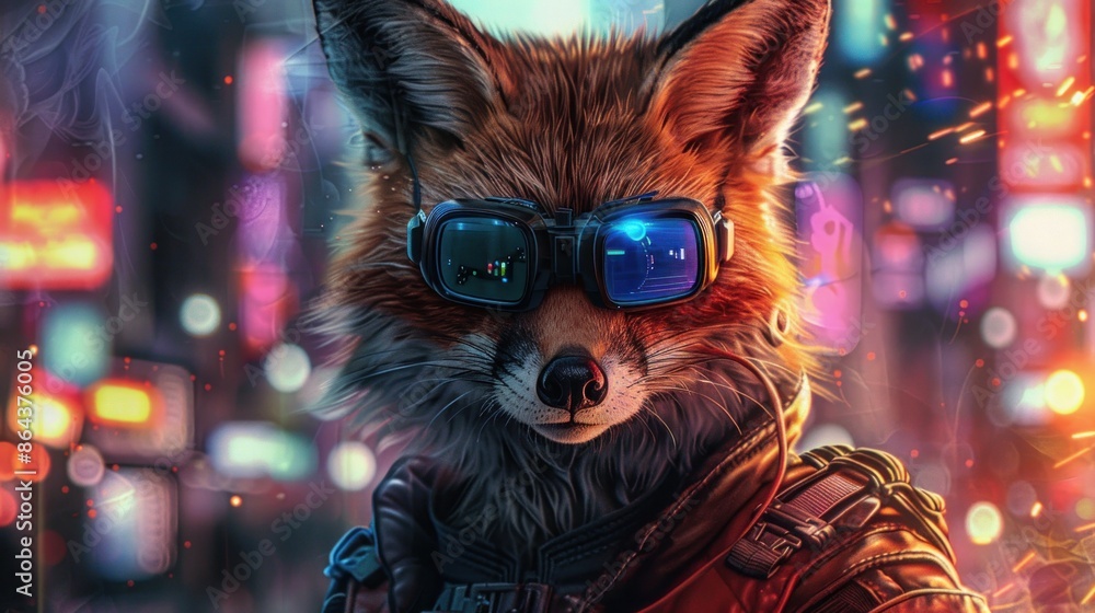A fox with augmented reality goggles and a glowing, cybernetic tail, set against a vibrant, neon-lit street. A fox with augmented reality goggles and a glowing, cybernetic tail, set against a vibrant, neon-lit street.