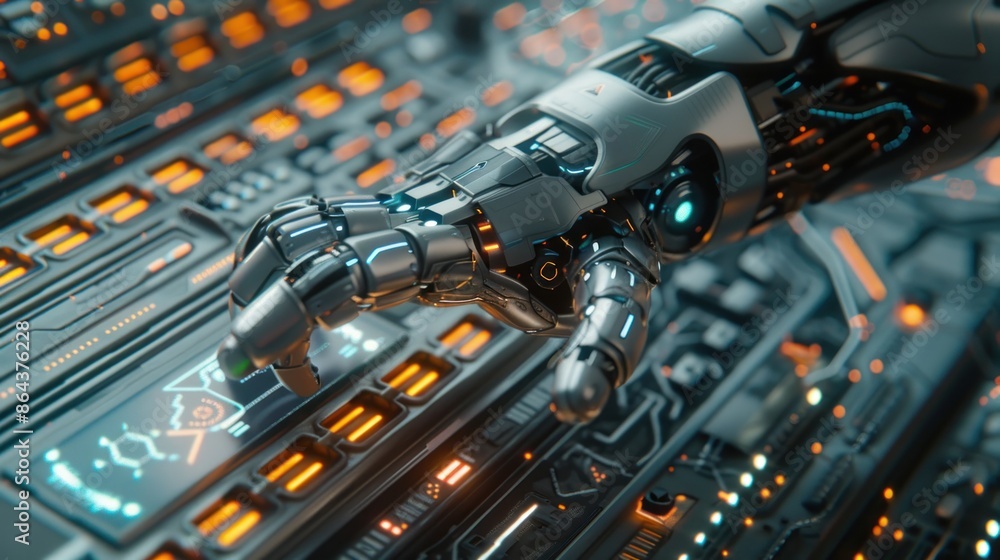 Fototapeta premium A human-robot hand with sleek, metallic fingers and glowing LED joints, pressing a holographic button on a futuristic control panel.