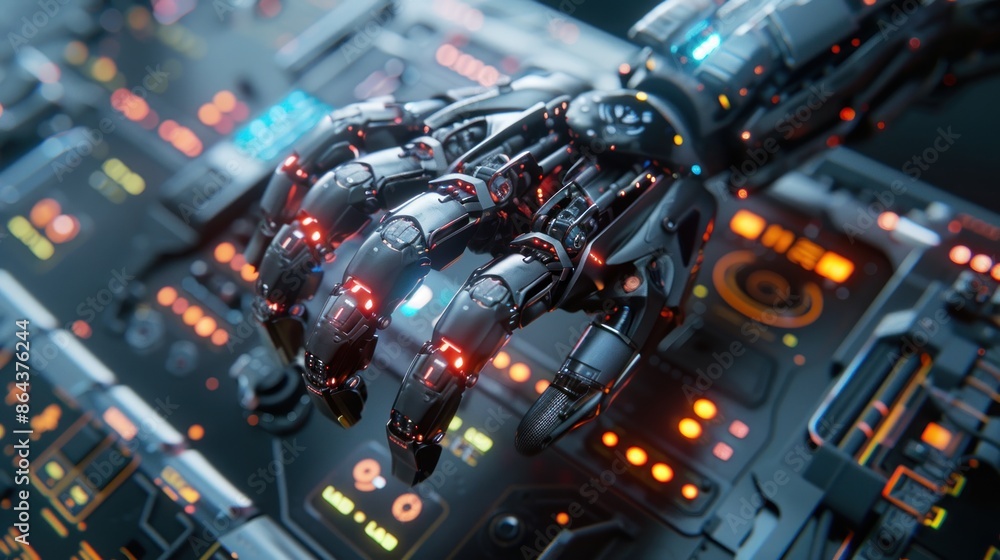 A human-robot hand with sleek, metallic fingers and glowing LED joints, pressing a holographic button on a futuristic control panel. A human-robot hand with sleek, metallic fingers and glowing LED joints, pressing a holographic button on a futuristic control panel.