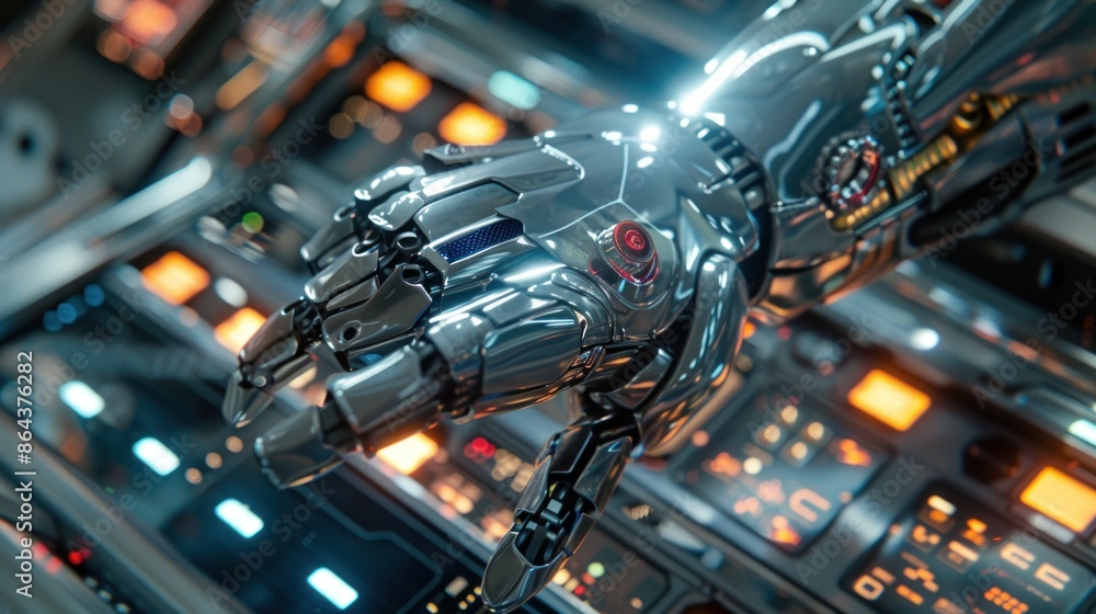 A human-robot hand with articulated fingers and a polished chrome finish, pressing a futuristic, illuminated button on a sleek control interface. A human-robot hand with articulated fingers and a polished chrome finish, pressing a futuristic, illuminated button on a sleek control interface.