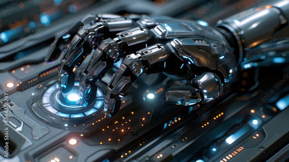 A human-robot hand with articulated fingers and a polished chrome finish, pressing a futuristic, illuminated button on a sleek control interface. A human-robot hand with articulated fingers and a polished chrome finish, pressing a futuristic, illuminated button on a sleek control interface.