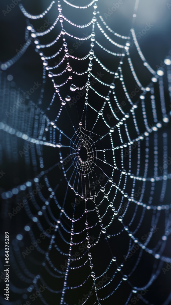 Naklejka premium Spider web with dewdrops on dark background, close-up. Nature's intricate design concept