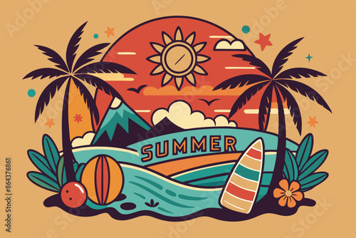 Summer t-shirt design. Retro and vintage summer vibes t-shirt design with palm tree, sea beach, and sunset vector illustration
