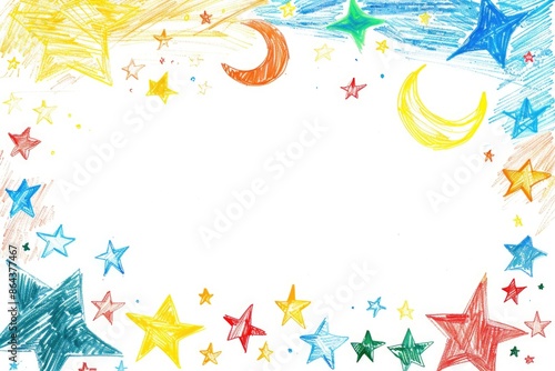Colorful Children’s Drawings with Stars, Moons, and Suns for Creative Backgrounds and Birthday Designs