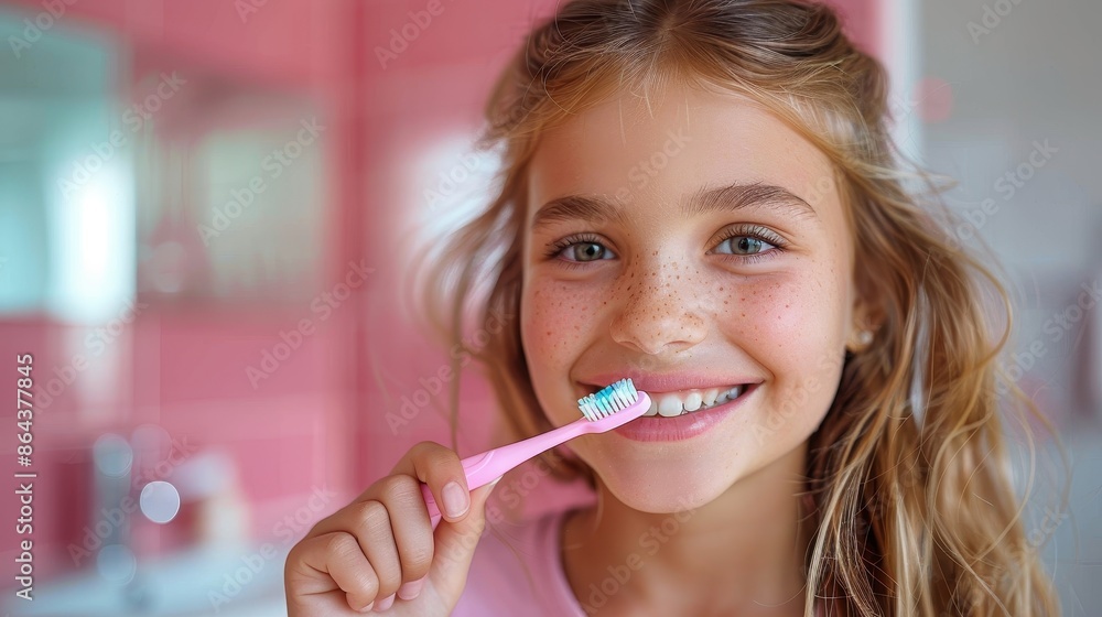 A cheerful young girl with blonde hair and freckles is smiling brightly while holding a pink toothbrush in a lively, colorful bathroom, representing joy and dental hygiene. A cheerful young girl with blonde hair and freckles is smiling brightly while holding a pink toothbrush in a lively, colorful bathroom, representing joy and dental hygiene.