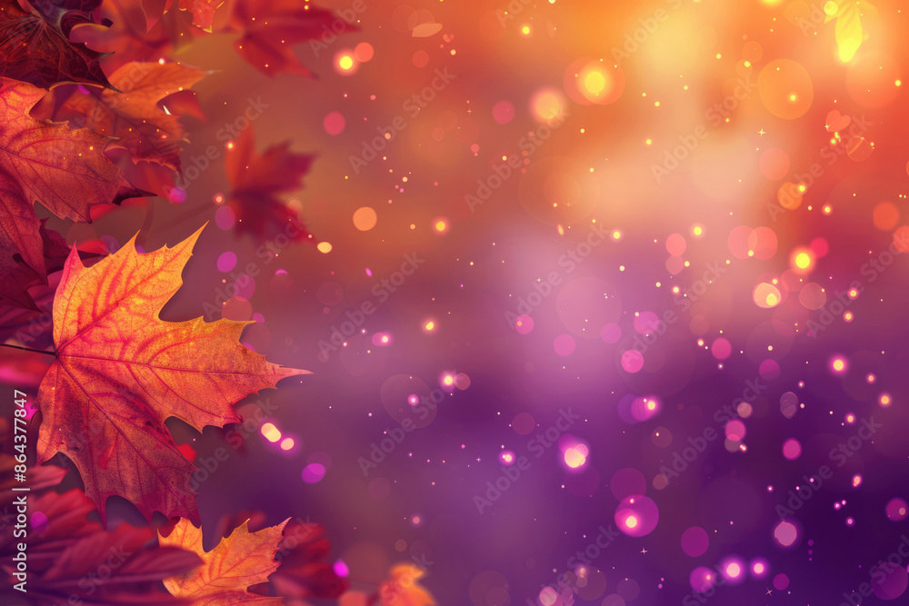 Abstract fall season background, maple leaves on left side, orange and purple gradient, bokeh lights. Autumn colorful banner with place for text.