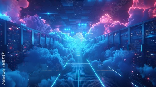 A futuristic 3D illustration of a data center with servers surrounded by digital clouds, symbolizing cloud service infrastructure.