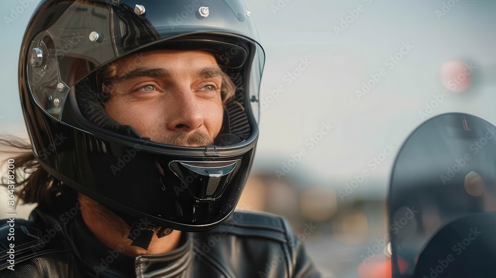 A man wearing a black helmet is seen looking upwards while seated on his motorcycle, giving an impression of hope and aspiration under clear skies with soft focus effects. A man wearing a black helmet is seen looking upwards while seated on his motorcycle, giving an impression of hope and aspiration under clear skies with soft focus effects.