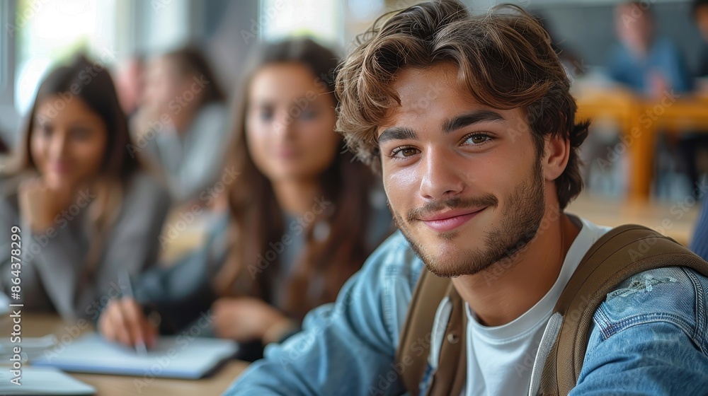 A cheerful young male student sits attentively in class, surrounded by peers, reflecting a positive and engaging classroom experience, focused on learning and teamwork. A cheerful young male student sits attentively in class, surrounded by peers, reflecting a positive and engaging classroom experience, focused on learning and teamwork.