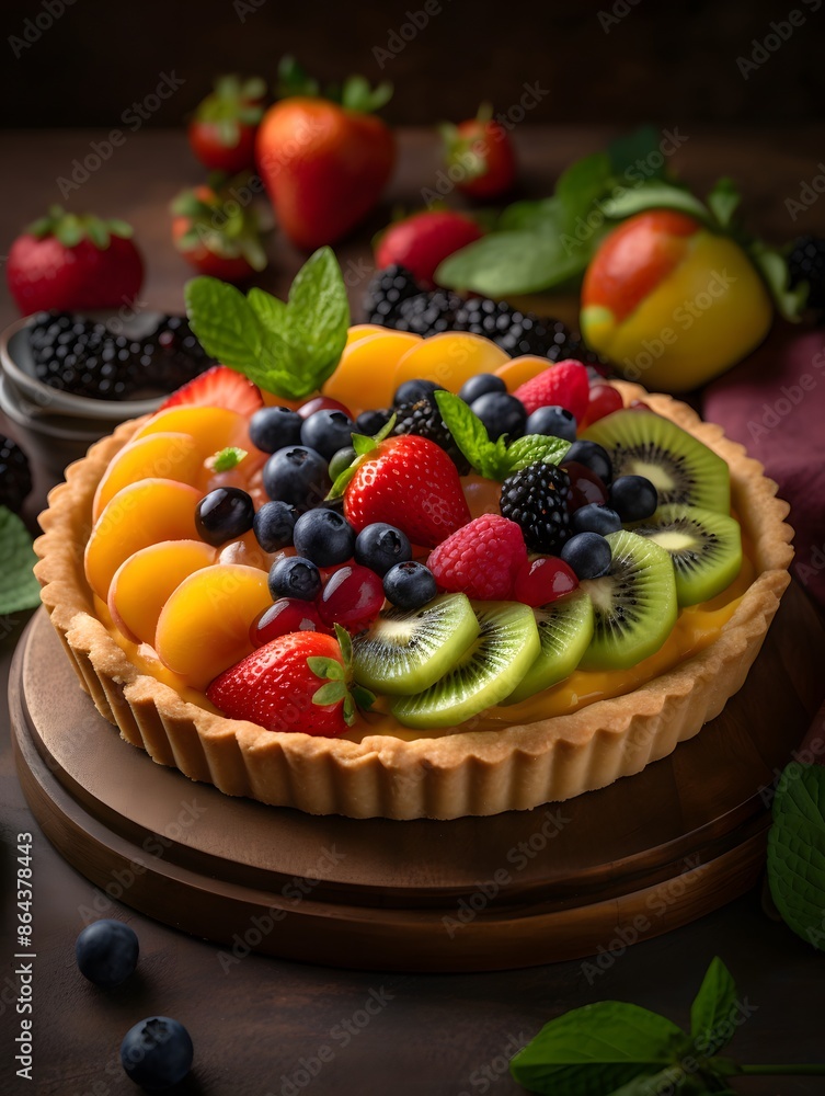 Vibrant Mixed Fruit Tart with Kiwi, Berries, and Peach Glaze. Vibrant Mixed Fruit Tart with Kiwi, Berries, and Peach Glaze.