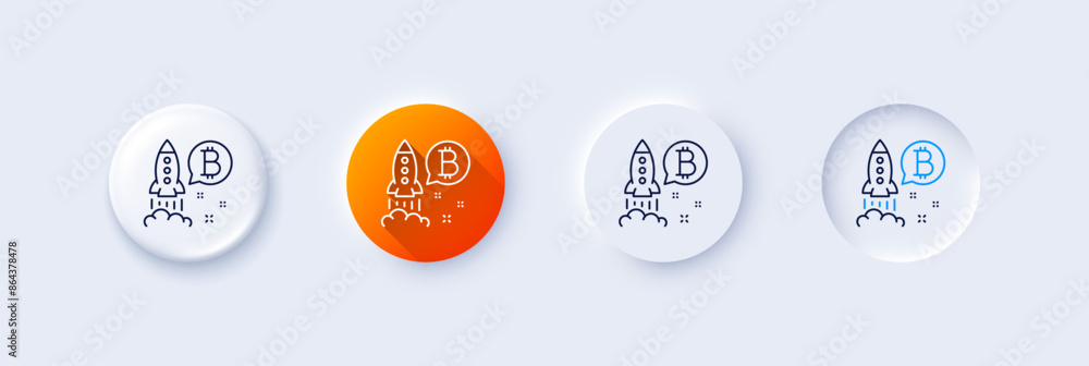 Bitcoin line icon. Neumorphic, Orange gradient, 3d pin buttons. Cryptocurrency startup sign. Crypto rocket symbol. Line icons. Neumorphic buttons with outline signs. Vector Bitcoin line icon. Neumorphic, Orange gradient, 3d pin buttons. Cryptocurrency startup sign. Crypto rocket symbol. Line icons. Neumorphic buttons with outline signs. Vector