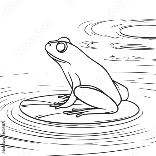 Black and white line art illustration of a frog sitting on a water lily pad
