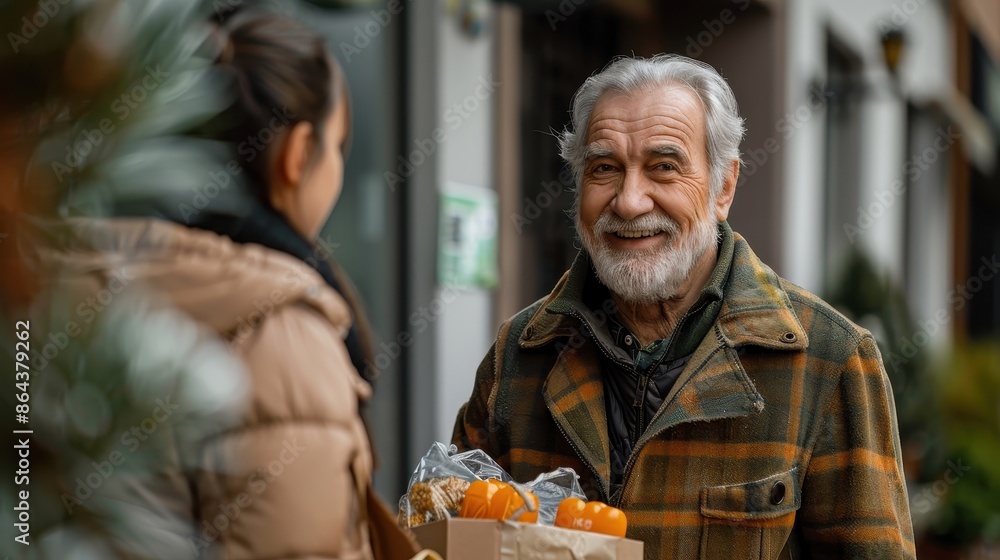 An elderly man smiles warmly as he receives a bag of groceries outdoors from another person. He is wearing a plaid coat, representing kindness and community support. An elderly man smiles warmly as he receives a bag of groceries outdoors from another person. He is wearing a plaid coat, representing kindness and community support.