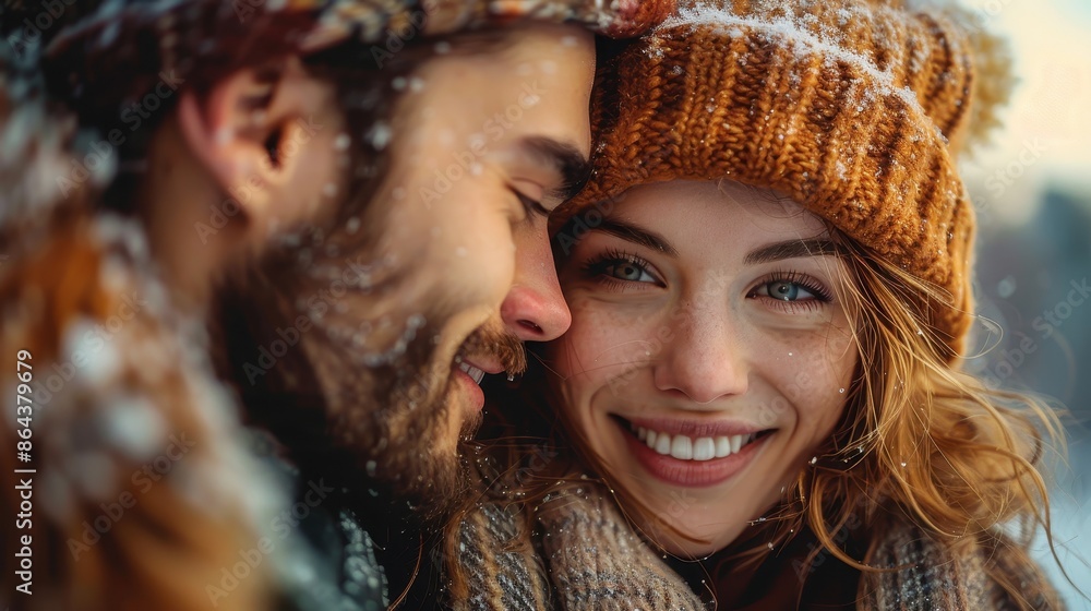 A couple enjoys the snowy weather, bundled in warm winter attire, smiling and sharing a close moment together, capturing the essence of love and warmth in the cold. A couple enjoys the snowy weather, bundled in warm winter attire, smiling and sharing a close moment together, capturing the essence of love and warmth in the cold.