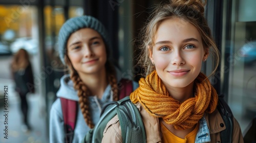 Two teenage girls smiling brightly while wearing cozy winter clothes, including scarves and hats, standing outside during a lively urban scene, reflecting joy and fashion.