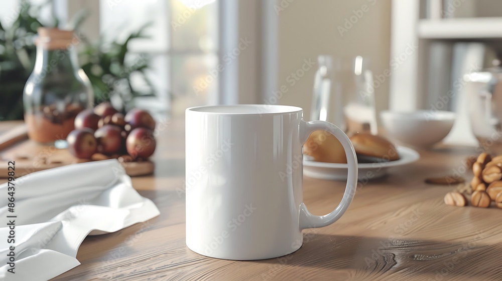 White ceramic mug on a wooden kitchen table mockup White ceramic mug on a wooden kitchen table mockup