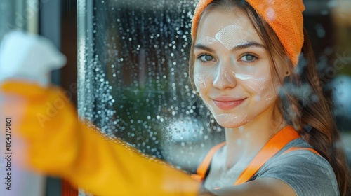 A cheerful window cleaner smiles while cleaning a glass pane with determination and attention to detail, showcasing their work ethic and pride in their cleanliness standards. photo
