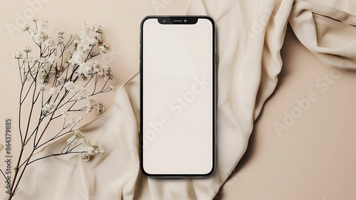 Smartphone on beige fabric with white flowers mockup