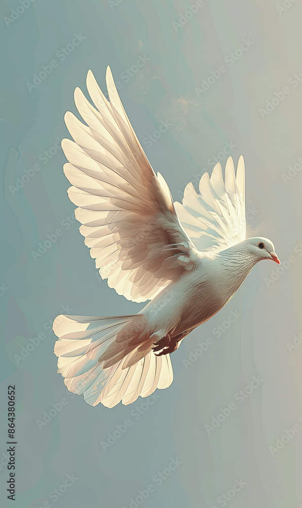 Fototapeta premium White dove in flight. Symbol of peace, hope, love, and freedom
