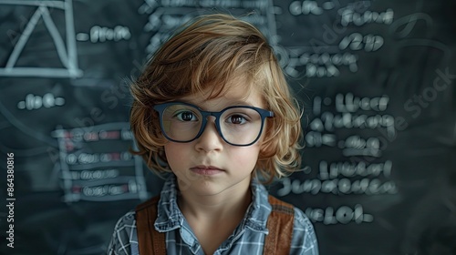 Portrait of a gifted and intelligent child, with an out-of-focus blackboard in the background, with mathematical formulas drawn.