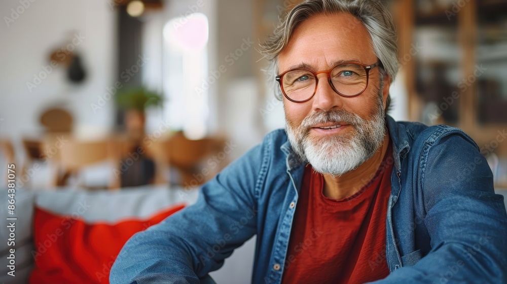 Smiling gray-haired man with a beard, wearing glasses and a denim shirt, seated casually indoors against a cozy backdrop, exuding warmth and a relaxed atmosphere. Smiling gray-haired man with a beard, wearing glasses and a denim shirt, seated casually indoors against a cozy backdrop, exuding warmth and a relaxed atmosphere.
