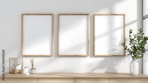 Multiple three blank picture frames wall art posters on a wooden shelf with decorative items mockup