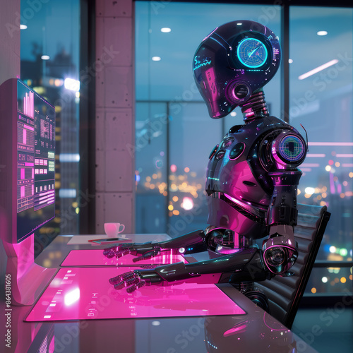 AI robot working at its desk  photo