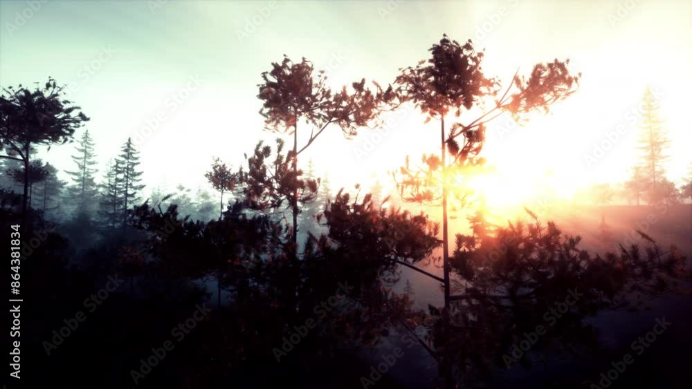 Dazzling sun rays piercing through pine needles Dazzling sun rays piercing through pine needles