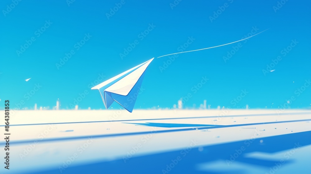 Paper airplane soaring through a clear blue sky over a futuristic cityscape, Concept of freedom, travel, and dreams Paper airplane soaring through a clear blue sky over a futuristic cityscape, Concept of freedom, travel, and dreams