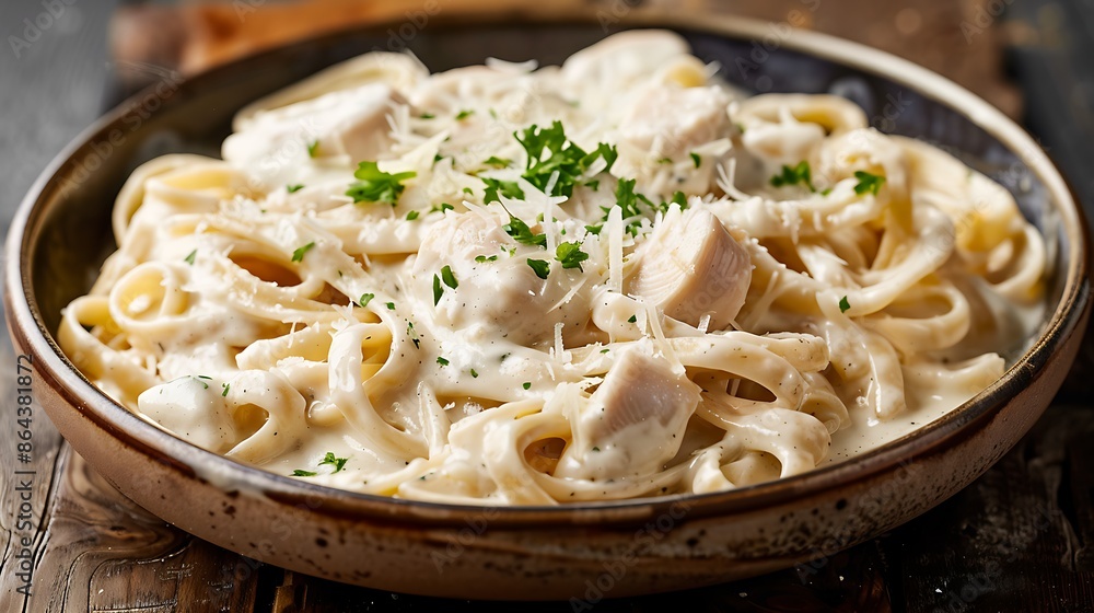 creamy chicken alfredo pasta with tender chicken, parmesan, on rustic ceramic dish creamy chicken alfredo pasta with tender chicken, parmesan, on rustic ceramic dish