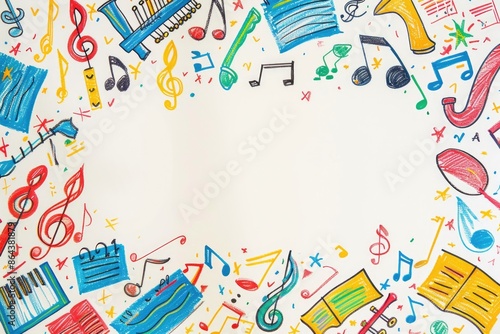 Colorful Children's Drawings Background Featuring Musical Instruments and Notes, Ideal for Kids' Activities and Educational Designs
