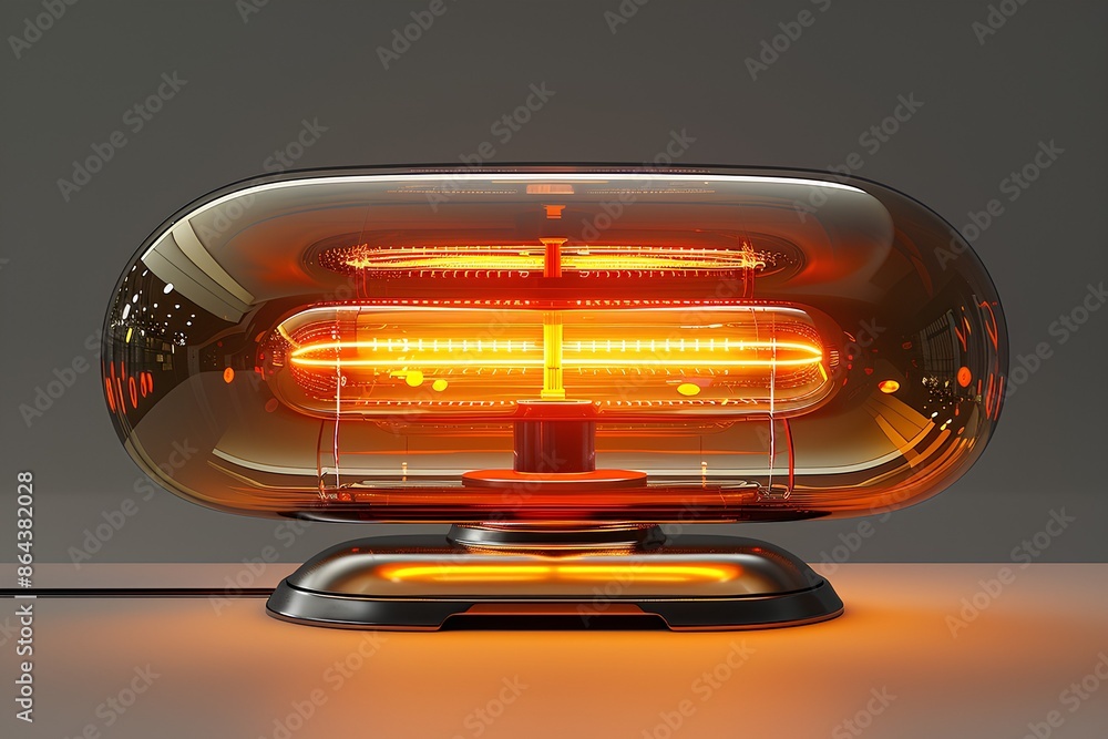 a futuristic desk lamp with orange neon lights and an oval shape made of glass. The base is black, the top has red LED's and there’s a digital display on it showing time in white numbers. a futuristic desk lamp with orange neon lights and an oval shape made of glass. The base is black, the top has red LED's and there’s a digital display on it showing time in white numbers.