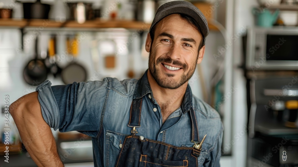 A smiling man wearing a cap and apron, with his arm on his hip, stands confidently in a kitchen filled with various cooking utensils and appliances. A smiling man wearing a cap and apron, with his arm on his hip, stands confidently in a kitchen filled with various cooking utensils and appliances.