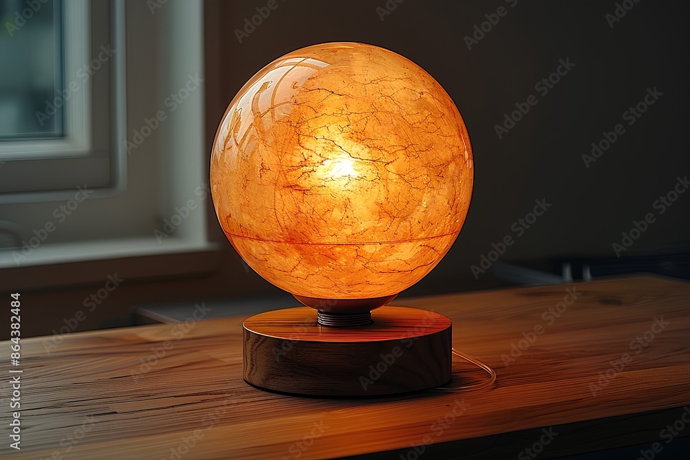  A beautiful sphere lamp made of wood and glowing orange glass, on top is an elegant base with round edges. The light shines through the transparent skin to illuminate a dark room.